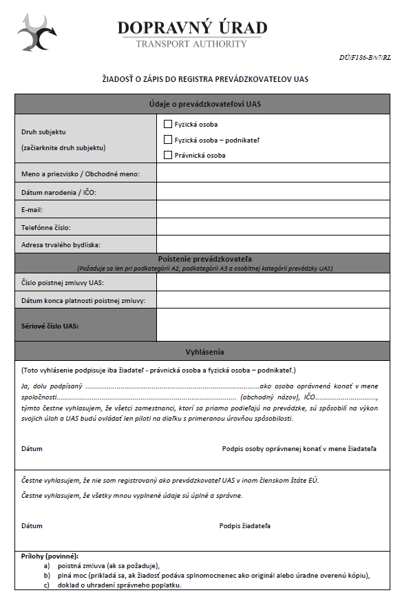 registracia pilota cez postu